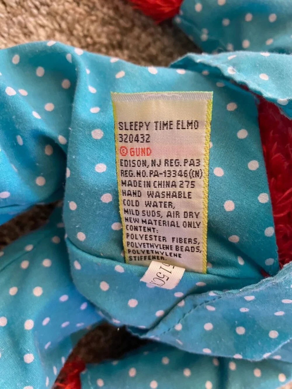Gund Elmo Plush Toy 14'' Dressed in Blue/White Dots Pajamas w/o Flashlight